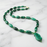 Deep Green Malachite Leaf Pendant Beaded Necklace