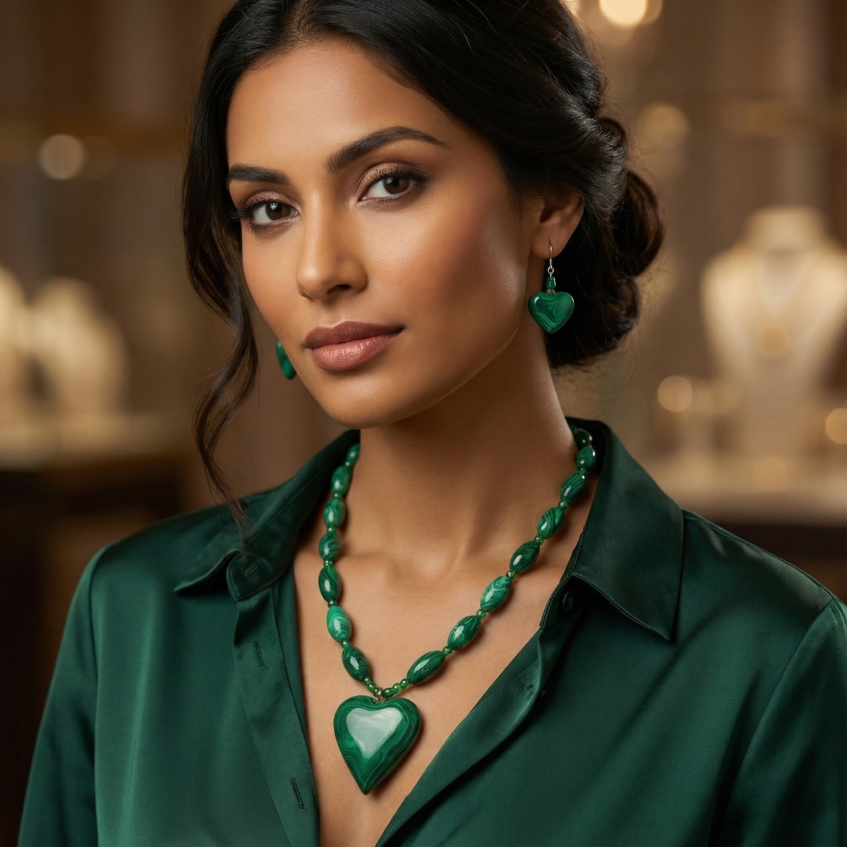 19d0b1e1-63cc-4483-97b6-2c29a74ef098 Malachite Heart Pendant Necklace & Earrings Jewelry Set - Image 3