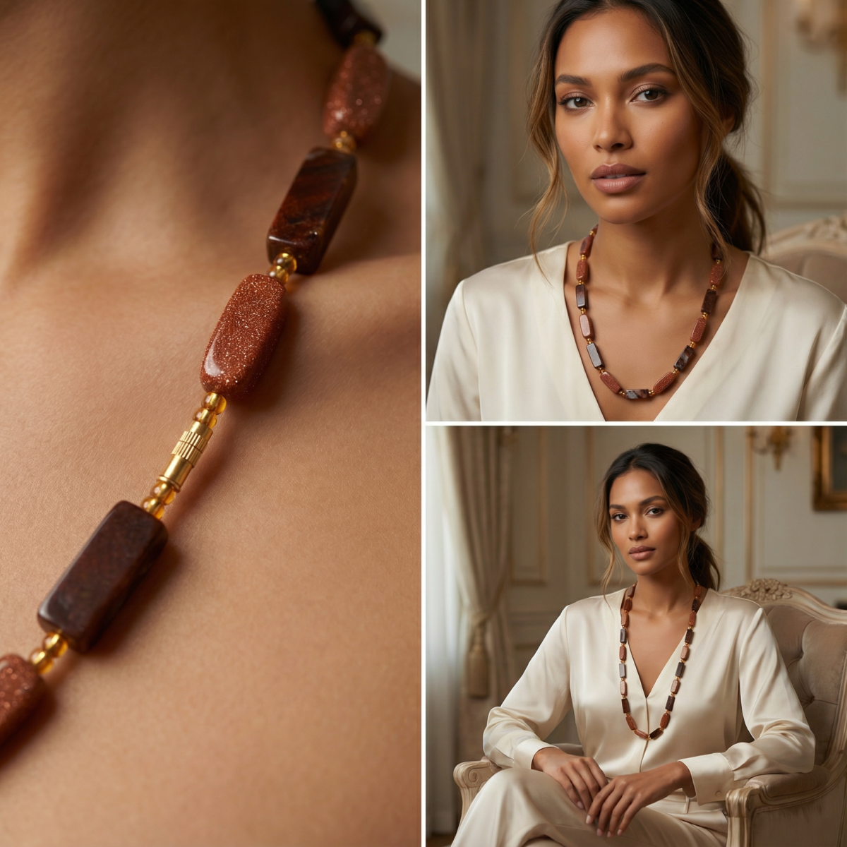 41f18c85-b4b4-4107-ab3c-7f910f4e3607 Tiger Eye & Goldstone Beaded Gemstone Necklace. X - Image 5