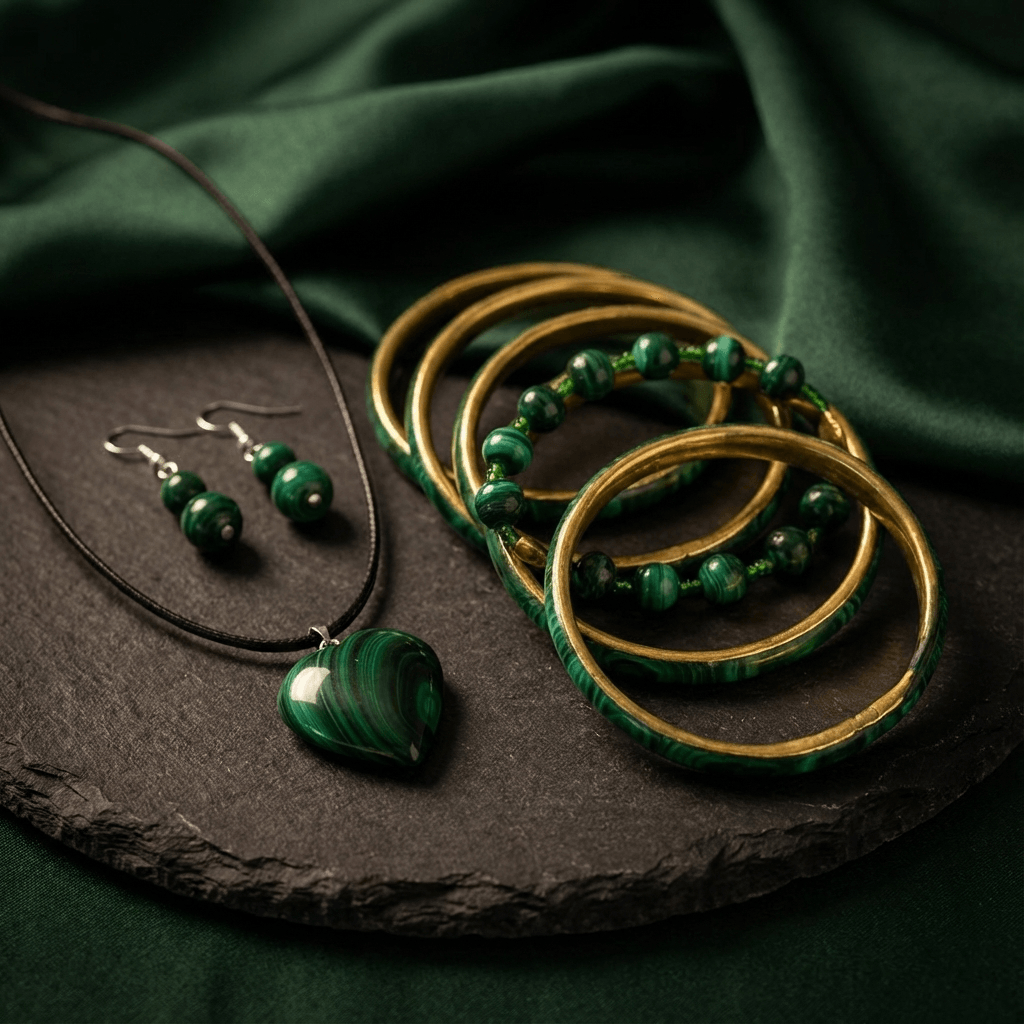 7739af84-21c9-4593-9863-bf1b95104eba Malachite Necklace & Heart Pendant , Bracelet, Earrings & Bangle Set - Image 3