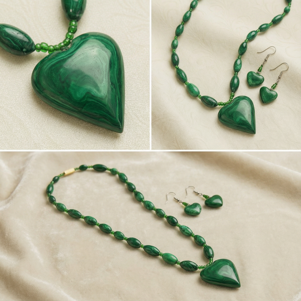 b986469a-8166-48e6-b4d8-68fe6790549e Malachite Heart Pendant Necklace & Earrings Jewelry Set - Image 2